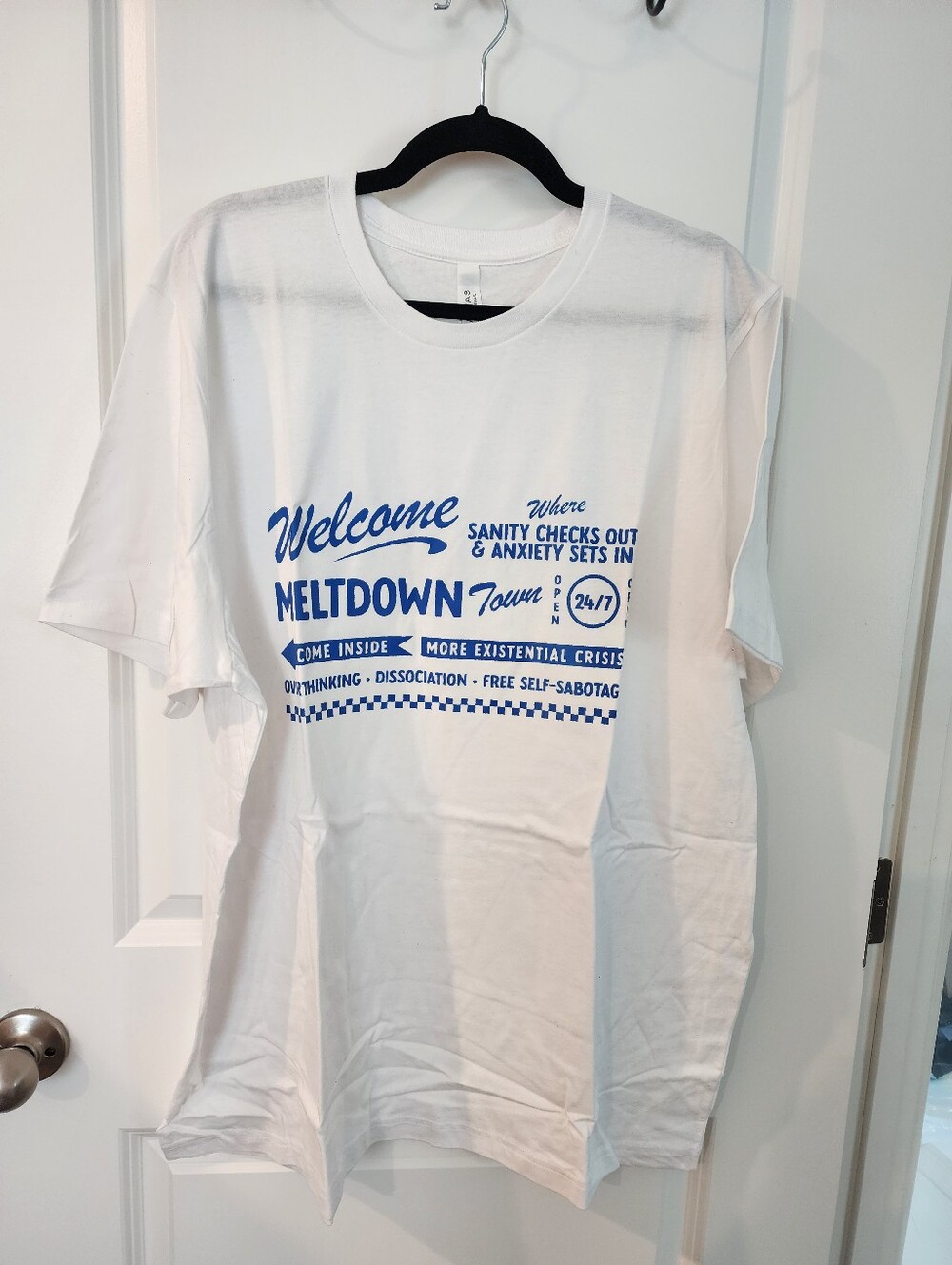 Bella Canvas White T‑Shirt with Crew Neck And Royal Blue Message Size 2XL.
